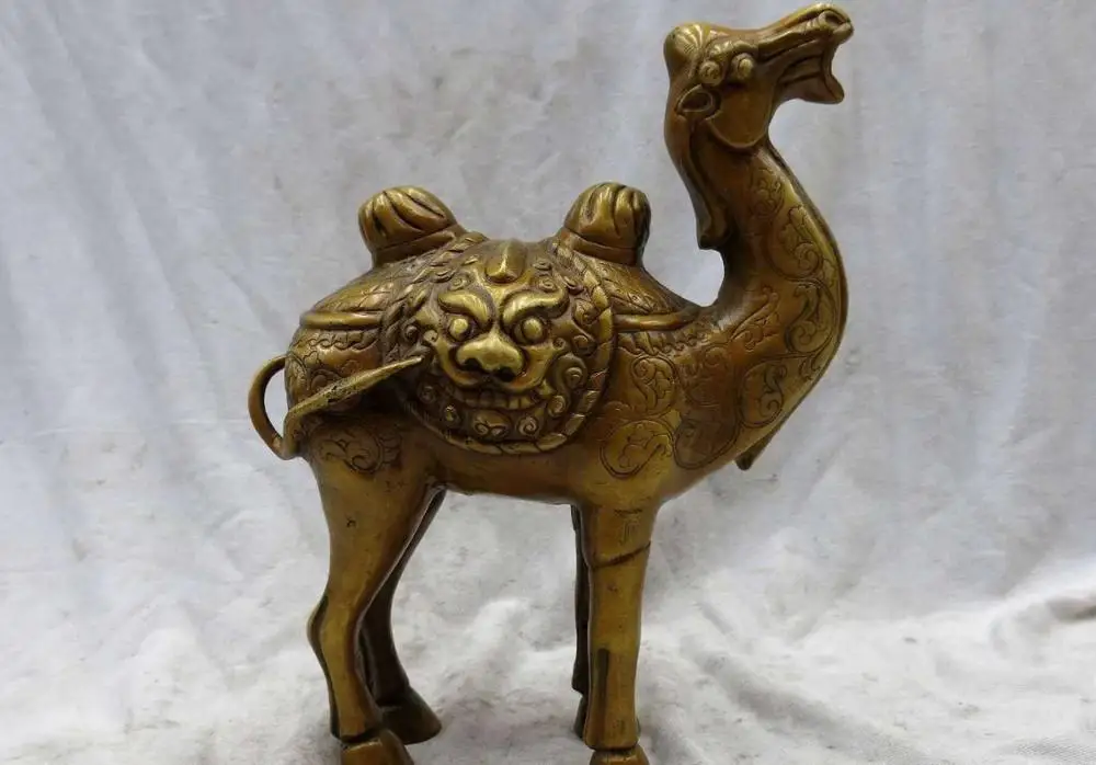 

10" China copper carved finely tiger decorative pattern camel Sculpture Statue