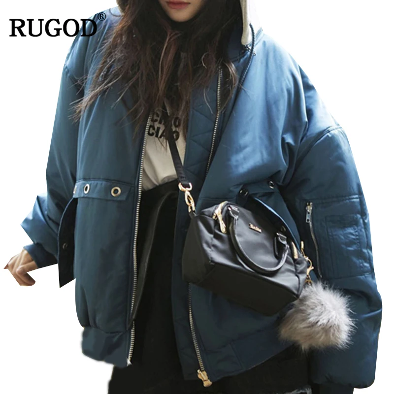 Rugod Veste D'hiver Bleu Tops Courte Longues Outwear À 2018 Bomber Automne Manches Hiver Manteau Capuchon Vestes Patchwork Nouveau Épais Femmes Parka I11r7wx
