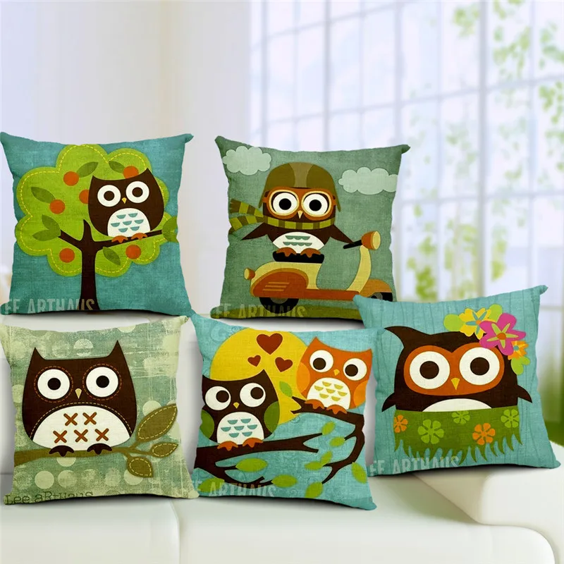 

Owl Yellow Red Cushion Cover Flower Love Cartoon Pillow Nautical Lounge Home Accessories Pillowslip Covers 45X45Cm Burlap Custom