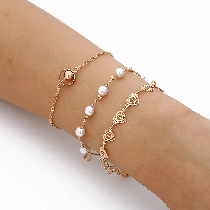 Модные Многослойные браслеты и браслеты золотистого цвета бусина в форме сердца Женщины Очаровательный с жемчугом вечерние свадебные украшения бохо