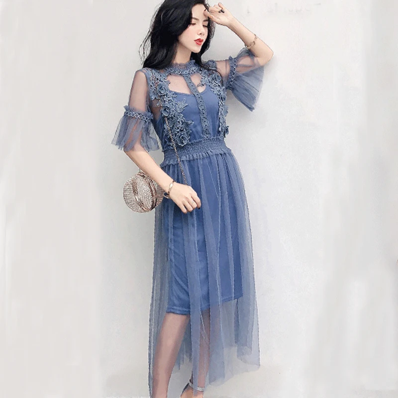 

2018 Summer Lace Dress Women Flare Sleeve Hollow Out Sexy Party Dress Women Vintage Plus Size Long dress two piece vestidos