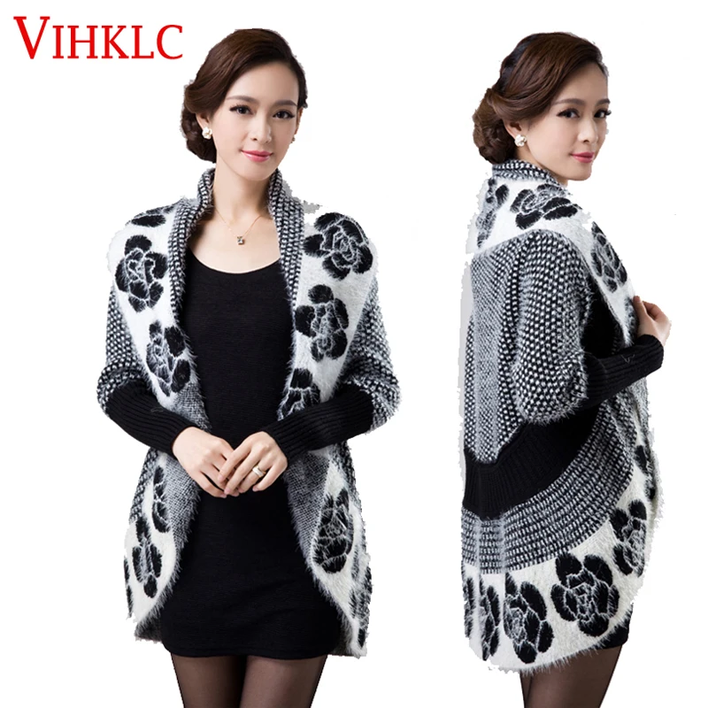 

2016 Spring Autumn Women Korean Fashion Flower Mohair Knit Shawl Cardigan Sweater Jacket Medium Long Sweaters Plus Size 3XL G413