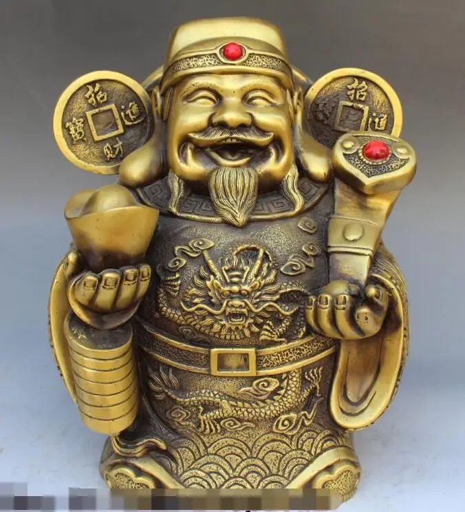 S4819 11&quot Chinese Bronze Stand Dragon Mammon God Wealth Money Yuanbao Ru Yi Statue | Дом и сад