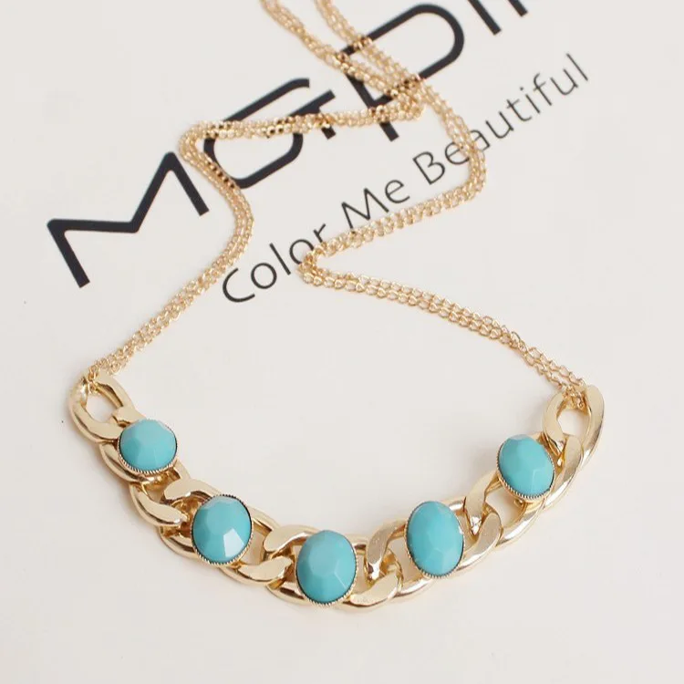 

Best Selling Personality Fashion Ladies Short Necklace Exaggerated Big Blue Zircon Chain Geometric Necklace Prom Accessories