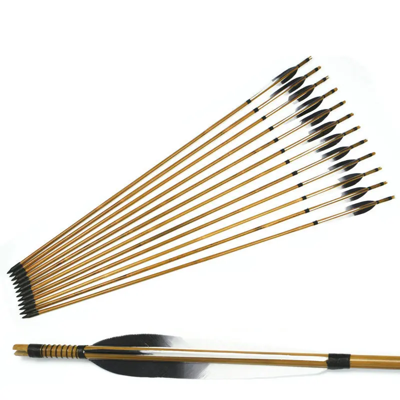 

12x Handmade bamboo Arrows Turkey feather for 20-50lbs Longbow Recurve Bow Hunting Archery for 80cm Length with High Quality