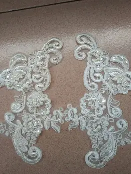 

6 pairs/lotWedding Embroidery Lace Motifs Off White Beaded Trim Applique for Dress