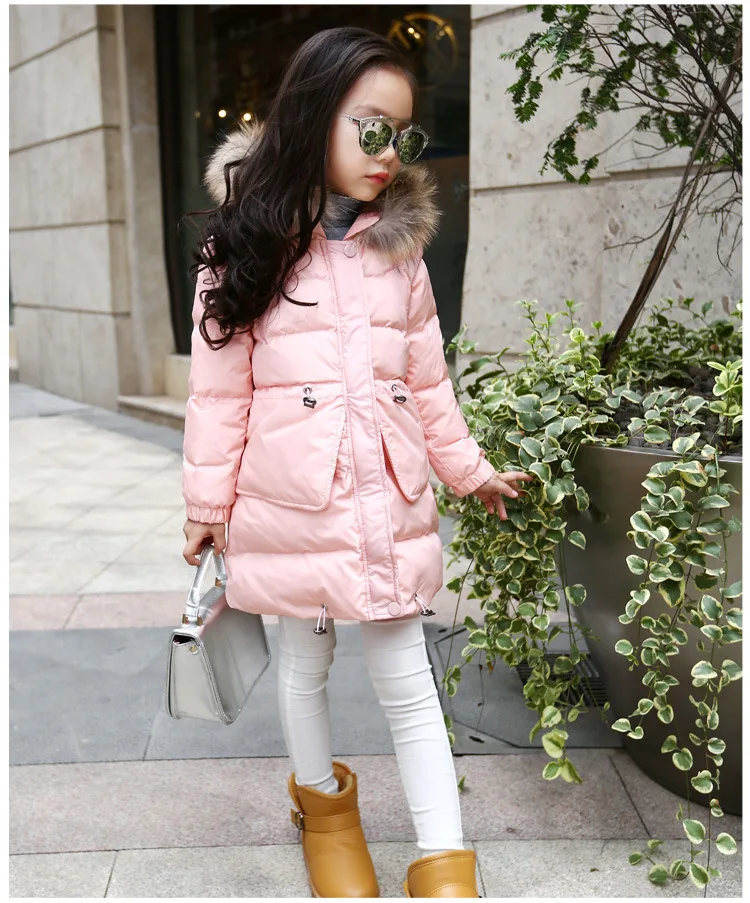 Коллекция года, модное плотное теплое зимнее пальто с меховым капюшоном для девочек однотонная приталенная детская зимняя куртка на молнии для девочек, детская хлопковая парка на пуху - Цвет: Розовый