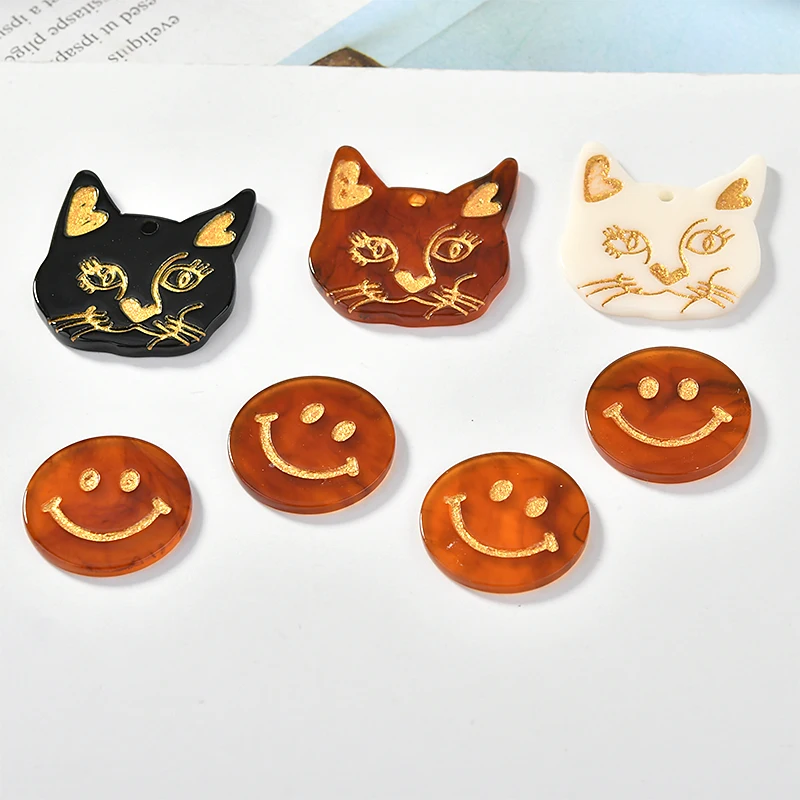 Newest 30pcs/Lot Kawaii Animal Cat Head Shape Resin Acid Acrylic Charms DIy jwelry Findings Round Smiling Face Butotn stickers