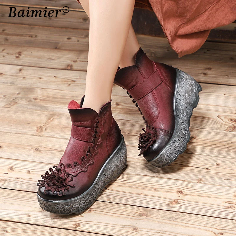 

2018 Genuine leather Shoes Woman Martin Boot Fashion Winter Flower Thick Sole Feminina Female Ankle Boots For Women Botas mujer