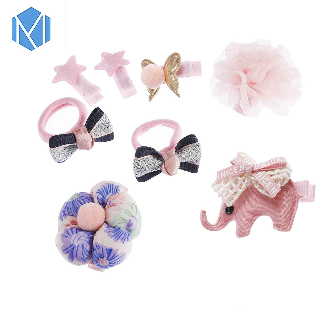 

M MISM 8 Pcs/Set Hair Clips For Girls Bows Wrapped Hair Pins High Elasticity Scrunchies Cute Bunny Elephant Kids Accessories