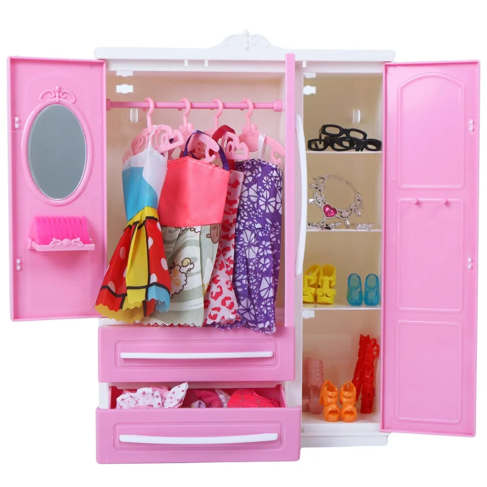 Трехдверный розовый пластиковый шкаф для одежды Игровой Набор для куклы Барби Гостиная зеркало для спальни и гардеробной мебель одежда аксессуары Игрушка