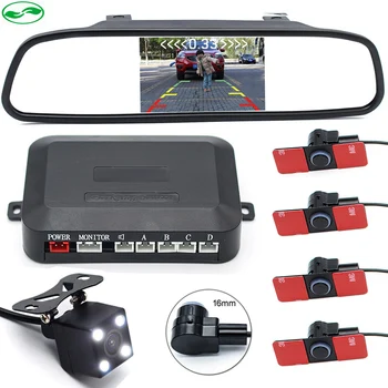 

3in1 16MM Flat Sensors Car Video Parking Sensor With Rear View Camera Display Distance On 4.3" Rearview Mirror Monitor