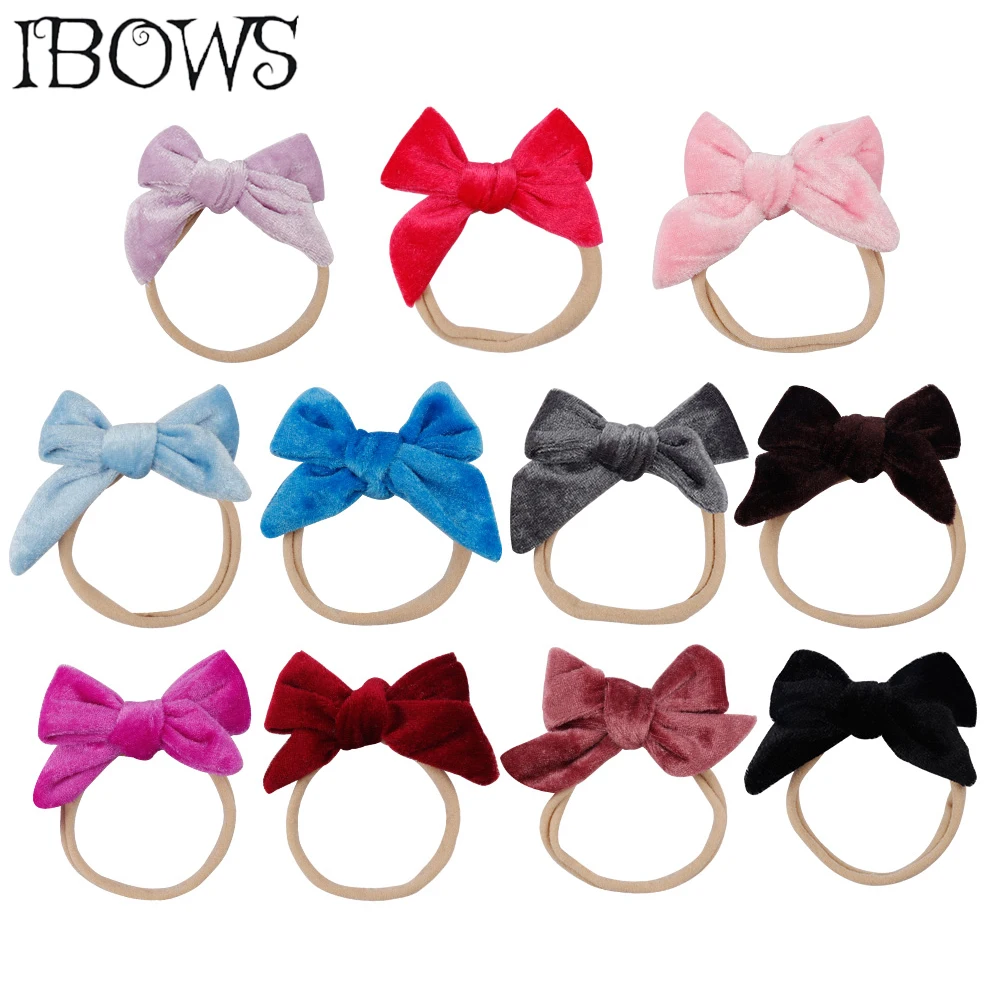 2Pcs/Lot Girls Velvet Hair Bow Headbands Soft Elastic Nylon Hair Bands