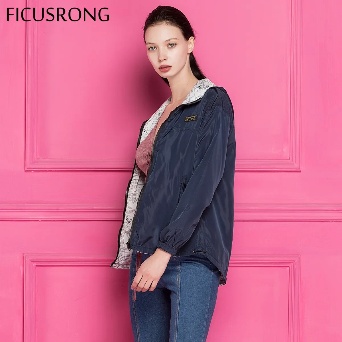 FICUSRONG 2018 New Autumn Women Bomber Basic Jacket Pocket Zipper Hooded Two Side Wear Cartoon Print Outwear Navy Loose Coat