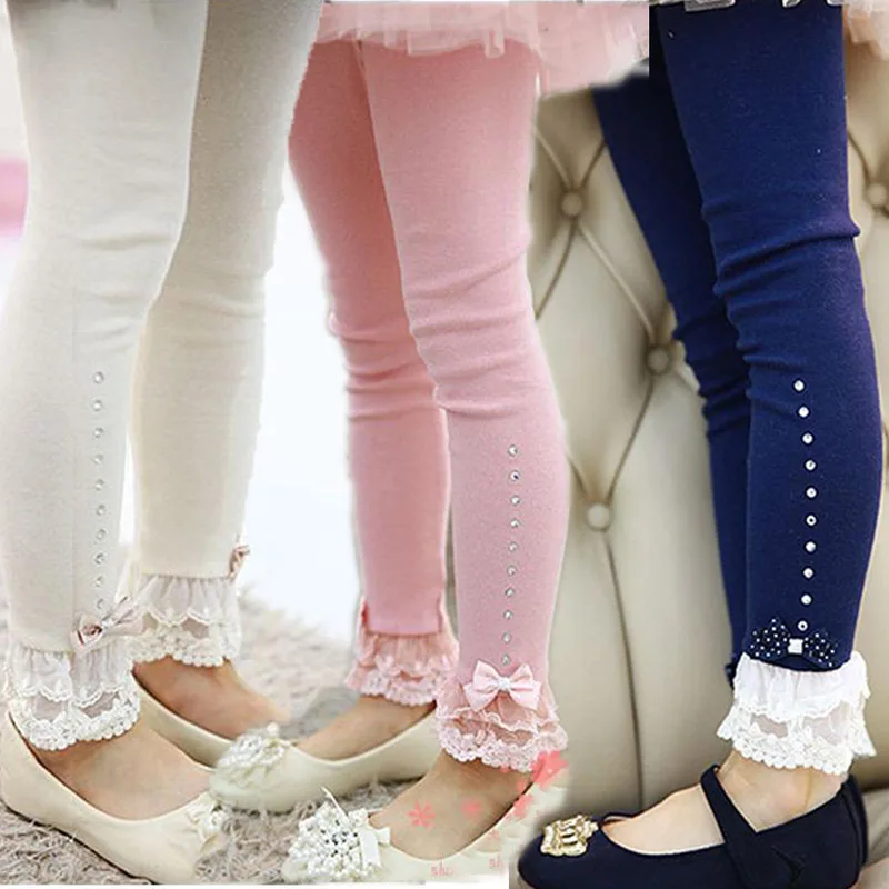 

New 2016 Spring flower girl pants baby girls leggings kids cotton Lace bling trousers children Autumn pant girls' leggings