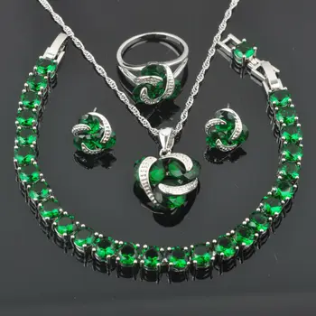 

Green Zirconia For Women Crystal Wedding Jewelry Sets Classic Silver Color Bracelet Necklace Pendant Earrings Ring QS0173