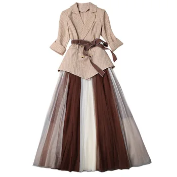 

Brand Designers Office Lady Two Piece Outfits Women 2019 Fall Spring Fashion Blazer Suit Long Sleeve Jacket+Midi Tulle Skirt Set