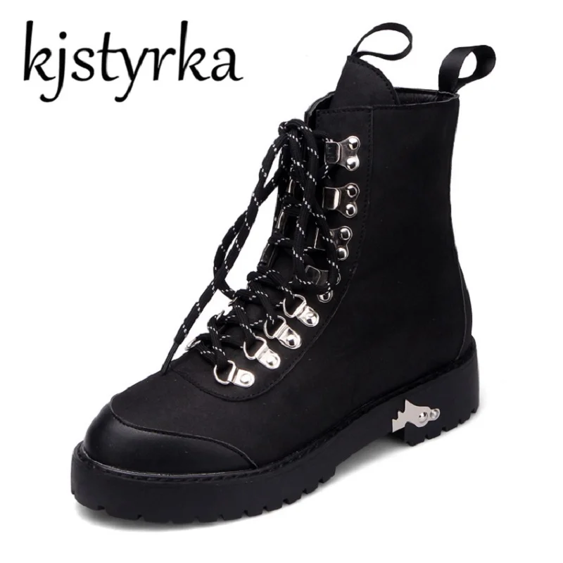 

Kjstyrka 2019 Hot Sale Black Suede ankle boots women Spring Autumn Lace-up Martens boots Army Boots middle heels Women's shoes