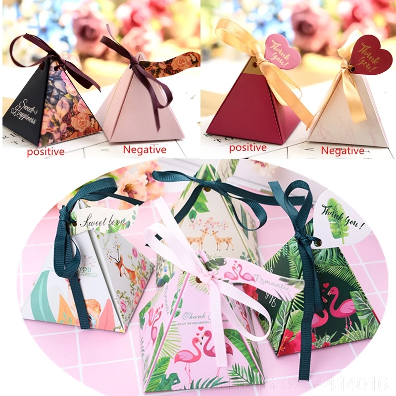 

10 Pcs Double-sided Color Printing Pyramid Thank You Card & Ribbon Candy Box Wedding Love Gift Box Birthday Party Supplies 5w