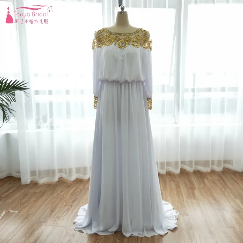 

A Line Chiffon Prom Dresses Aso Ebi Long Sleeve Golden Beaded African Fashion Evening Dresses Important Event Gowns ZP079