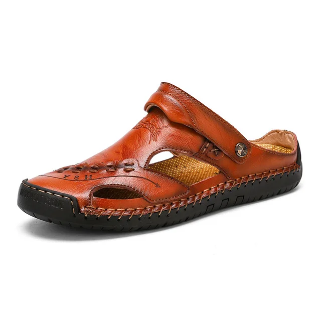 Классические мужские сандалии; дышащие мужские летние пляжные сандалии высокого качества из кожи; мужские римские сандалии на резиновой подошве; большие размеры - Цвет: red brown3
