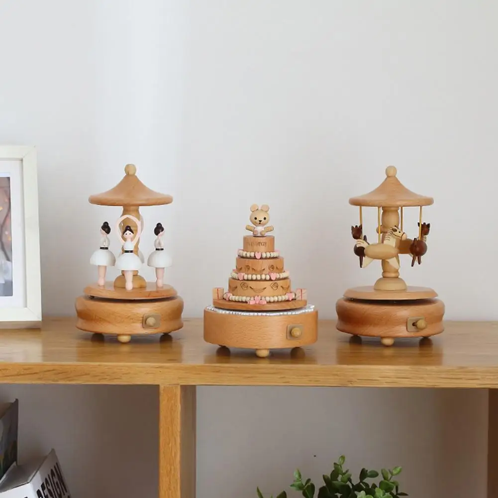 Carousel Music Box Kawaii Zakka Carousel Musical Boxes Wooden Music Box Wood Crafts Retro Birthday Gift Vintage Home Decoration Accessories