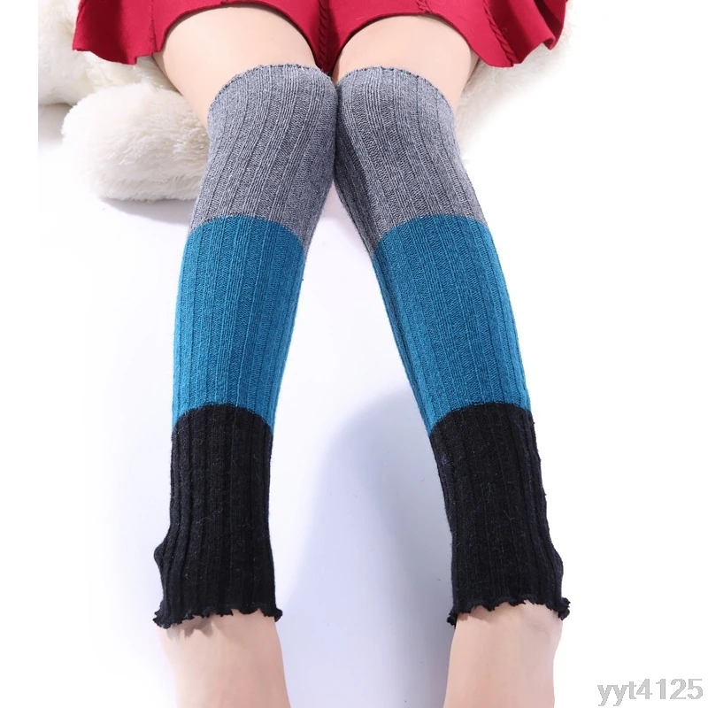 Women Winter High Knee Leg Warmers Leggings Warm Color Patchwork Knit