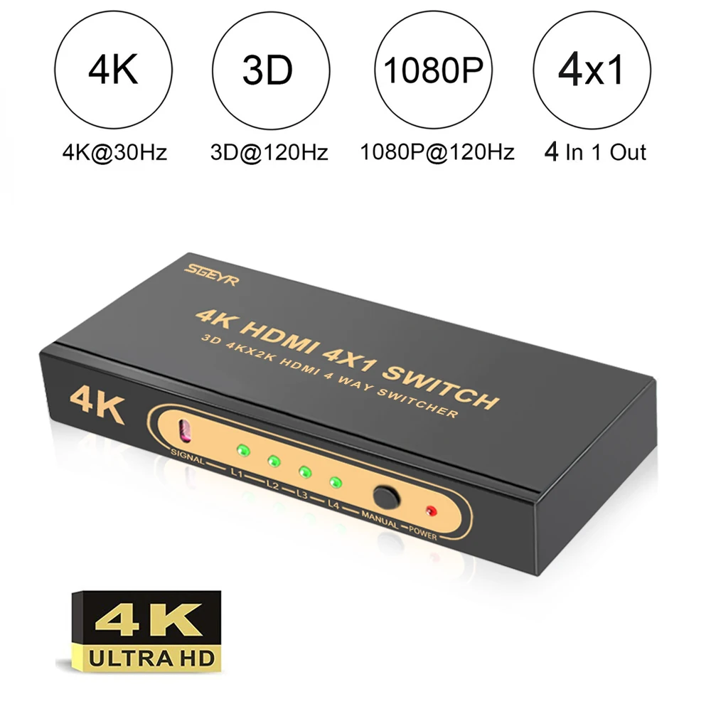 SGEYR 4x1 HDMI Switch 4Kx2K Powered 4 Port Switcher with IR Remote Control Support 1.4 3D&amp1080P Input 1 Output | Электроника