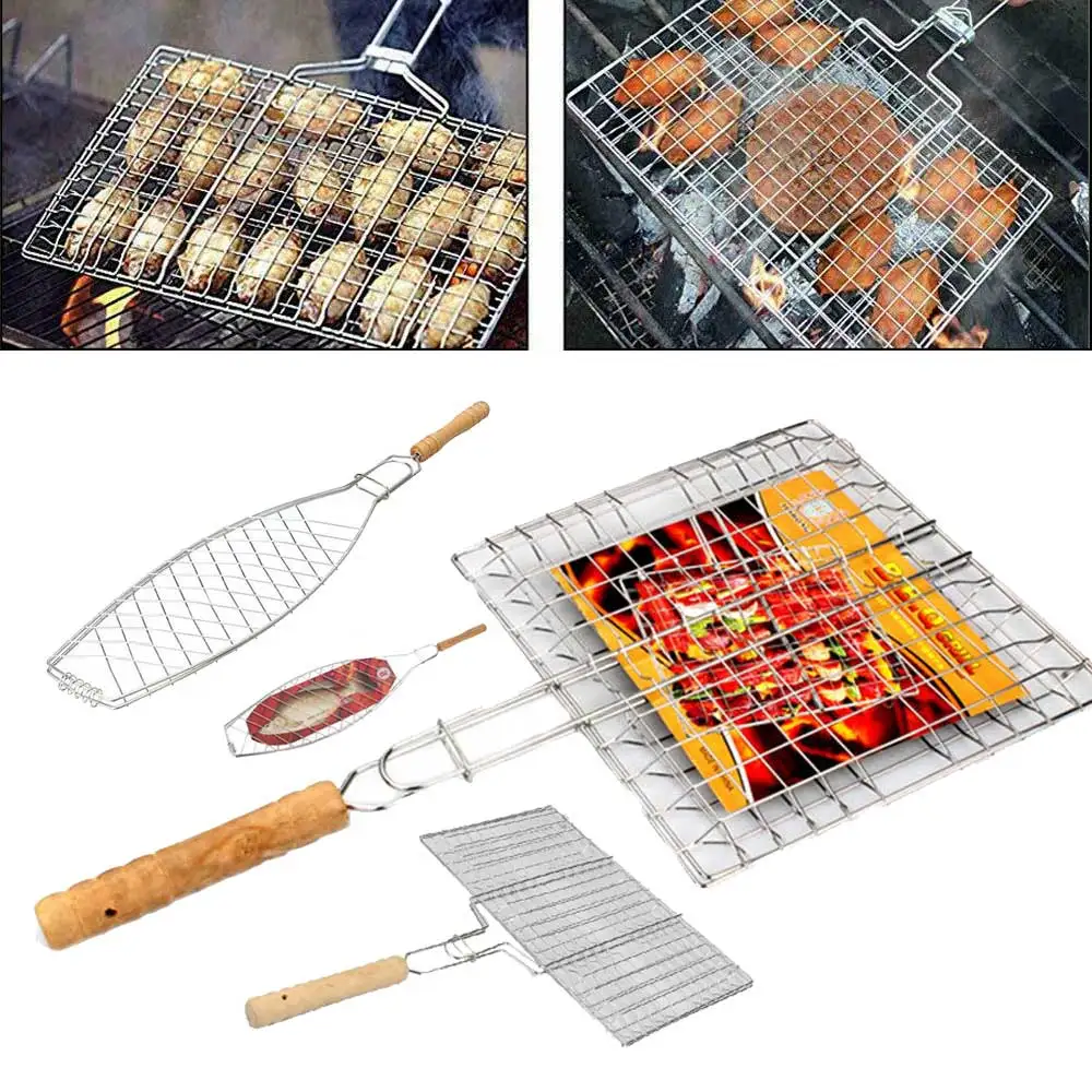 

Stainless Steel Barbecue Meshes Camping Grill BBQ Clip Net Grill Roast Barbecue Tools Meat Fish Vegetable BBQ Tool Wooden Handle