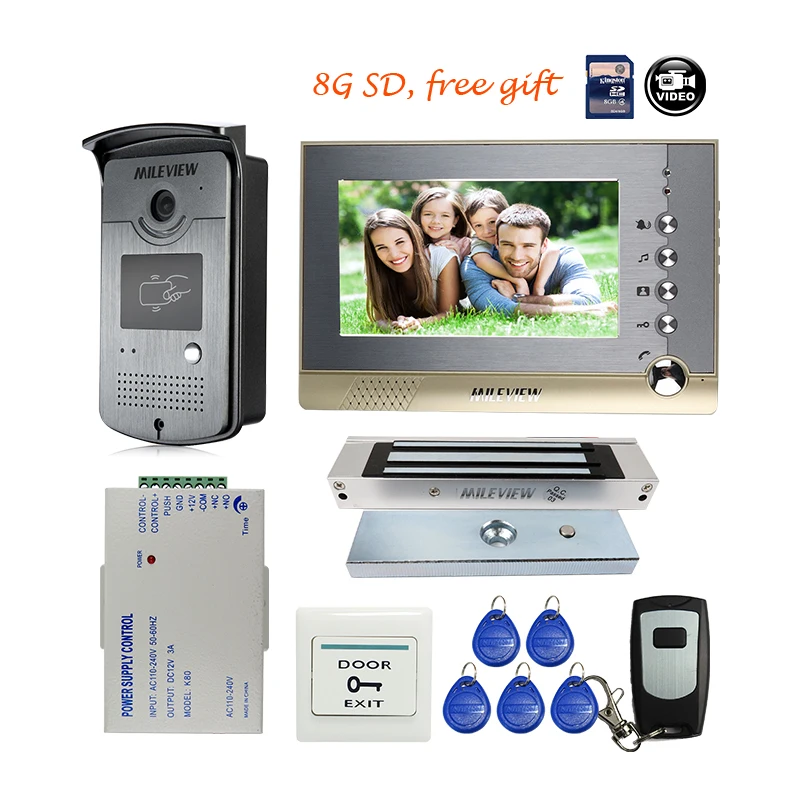 

MILEVIEW 7" Color Screen Recording Video Intercom Door Phone System + RFID Access Doorbell Camera + Magnetic lock Free Shipping