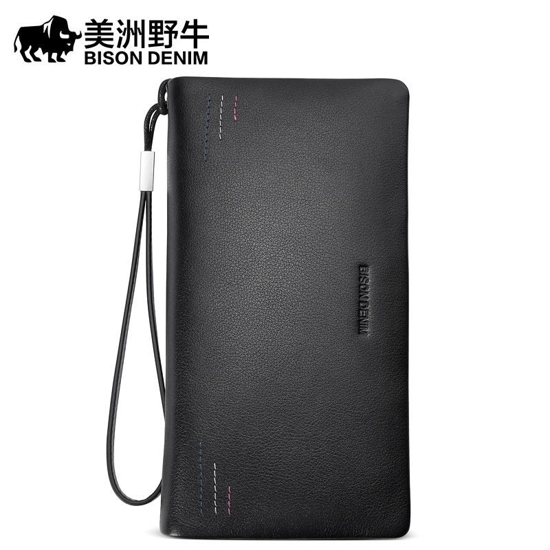 

BISON DENIM Men Wallet Genuine Leather Credit Card Holder Cowhide Purse Credit Card Brand Wallet Men's Long Wallet Free Shipping