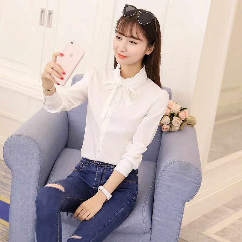 2019 Spring Women Elegant Chiffon Blouses Feminina Casual Long Sleeve Stand Neck Office Lady Shirts Fashion Slim Tops Ladies |