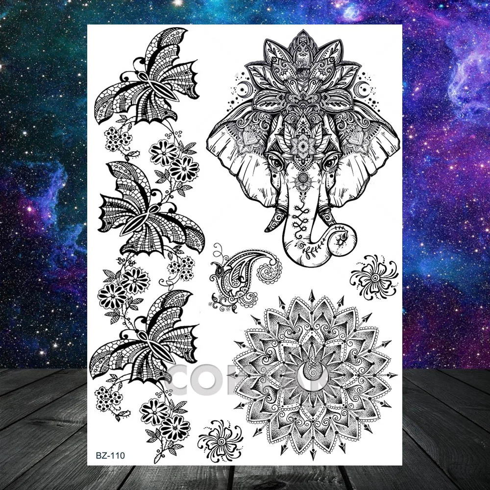 India Henna Mandala Flower Black Custom Lion Temporary Tattoo Stickers Totem Feather Women Fake Tatoos Lace Girls Body Arm Tato - Color: CBZ110