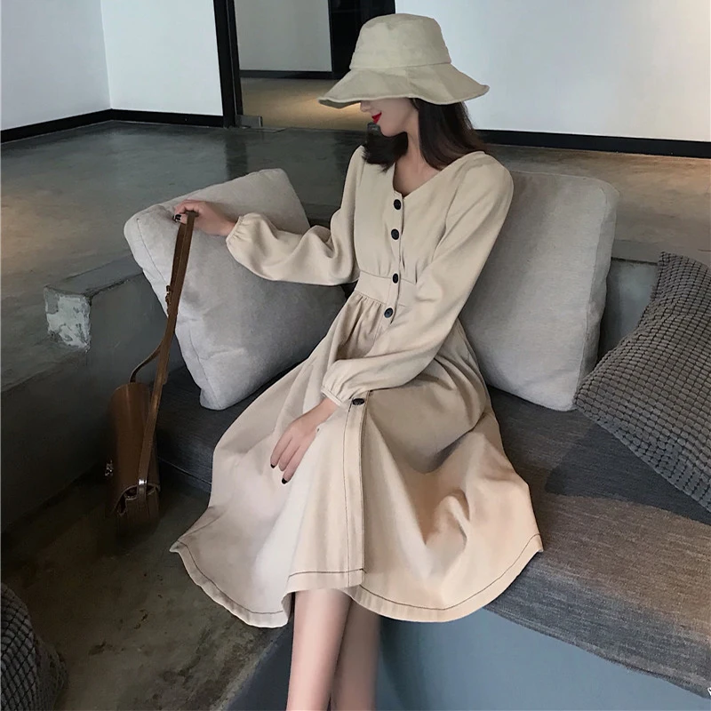 

Spring Summer Women Thin Dress Vintage Lantern Long Sleeves Solid Ladies Dress Button V-neck Streetwear Casual Female Dress