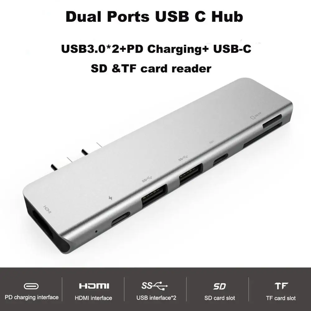 Сдвоенный USB C концентратор к HDMI 4 K с USB3.0 TF считыватель SD карт слот концентратор 3,0 PD Thunderbolt 3 адаптер для MacBook Pro/Air 2018 type-C