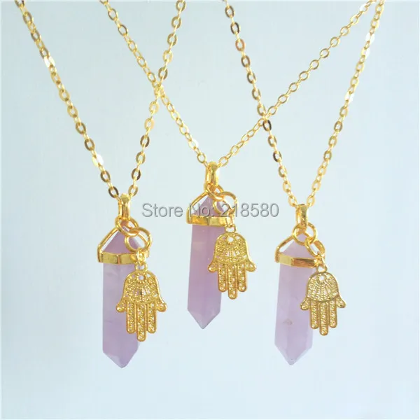 

SN-028 Healing Crystal Amethysts Hexagonal Crystal Point Necklace with Hamsa Hand Pendant Necklace