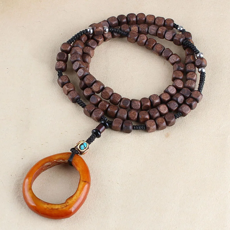 ##BUY Vintage Big Round Yark Bone Pendant Necklace Handmade Wood Beads Long Necklace For Women Men Sweater Chain Nepal Necklace Gift