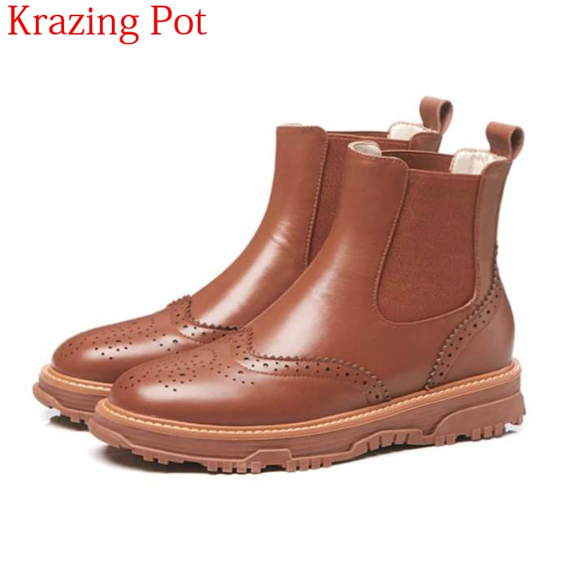 

2018 Superstar Keep Warm Winter Shoes Cow Leather Thick Bottom Med Heel Round Toe Platform Equestrian Oxford Ankle Boots L70