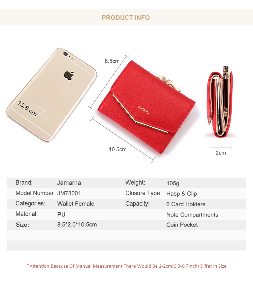 Jamarna Wallet Female PU Leather Women Wallets Hasp Coin Purse Wallet Female Vintage Fashion Women Wallet Small Card Holder Red 5