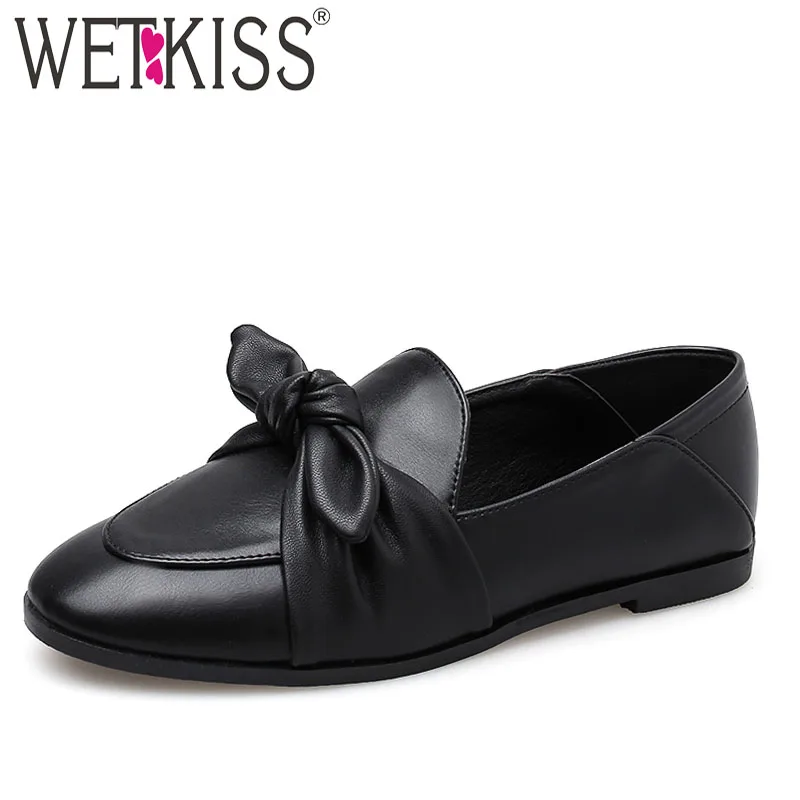 

WETKISS 2019 New Spring Pu Flats Women Square Toe Footwear Butterfly Knot Fashion Casual Shoes Female Girl Mules Shoes Woman