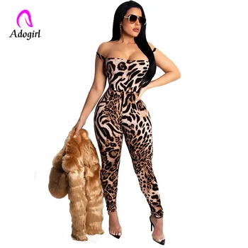 

Sexy Leopard Print Off Shoulder Jumpsuit Halter Skinny Long Playsuit Bandage Rompers Party Overalls for Women Combinaison Femme