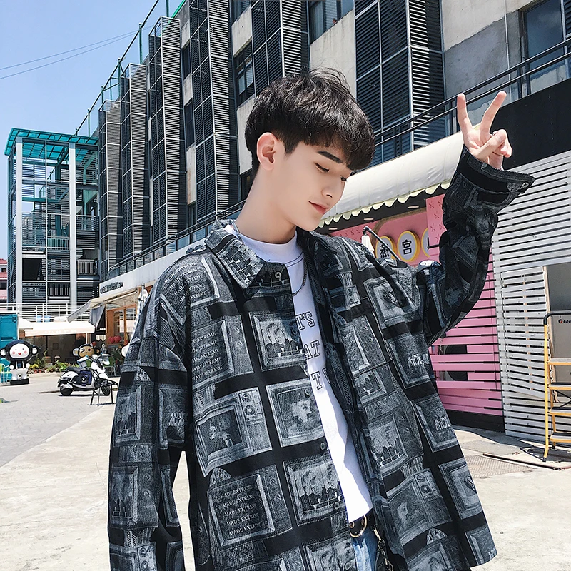 

Autumn New Men's Long-sleeved Printed Shirt Loose M-2XL Single-breasted Shirt Vitality Leisure Youth Fashion Popular Campus Wild