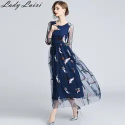 2019 осеннее Новое роскошное богемное платье, Элегантное синее платье с вышивкой в стиле бохо, женское винтажное длинное платье