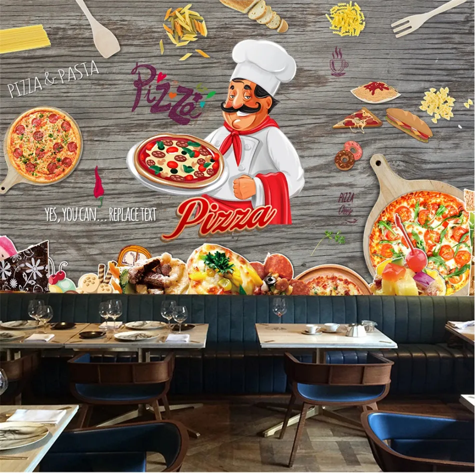 Пользовательские ретро деревянные пиццы тема обои 3D мультфильм ручная роспись пиццы фаст-фуд ресторан фон настенная бумага 3D