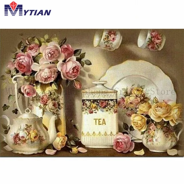 

MYTIAN 5D DIY Diamond Painting Approx Tea Time with Pink Flowers,3d Diamond Embroidery Art Kit Full Drill Mosaic Wall Sticker