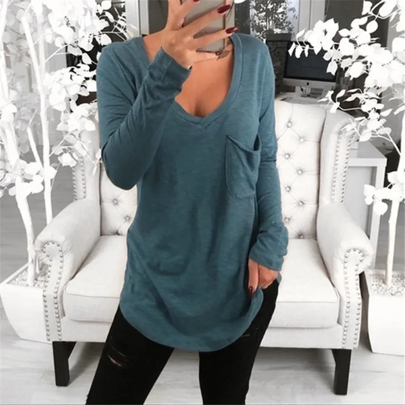 

Spring Women Sexy V Neck T Shirt 2019 New Fashion Solid Tops Tee Female Long Sleeve T Shirt Casual Loose Basic Tshirts Plus Size
