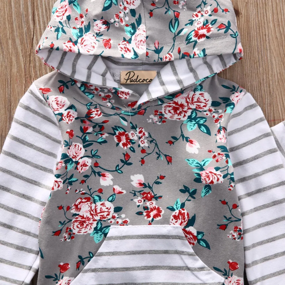 Emmaaby/толстовки с капюшоном и цветочным принтом для маленьких девочек; комплекты одежды; сезон весна-осень; толстовка с капюшоном и длинными рукавами+ длинные штаны; одежда для маленьких девочек