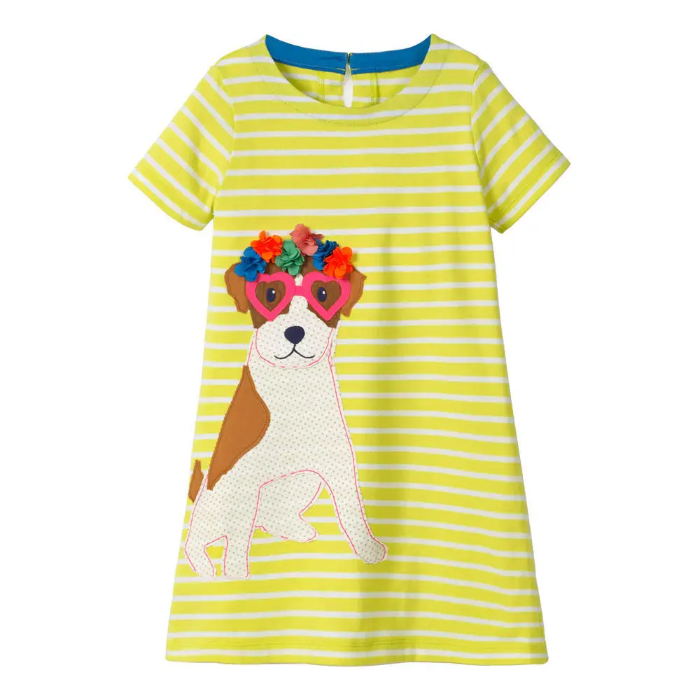 Girl's O-neck Short Sleeve Casual Fashion Stripes Design Cartoon Print Summer A-line Dresses 100% Cotton Streetwear Top | Детская