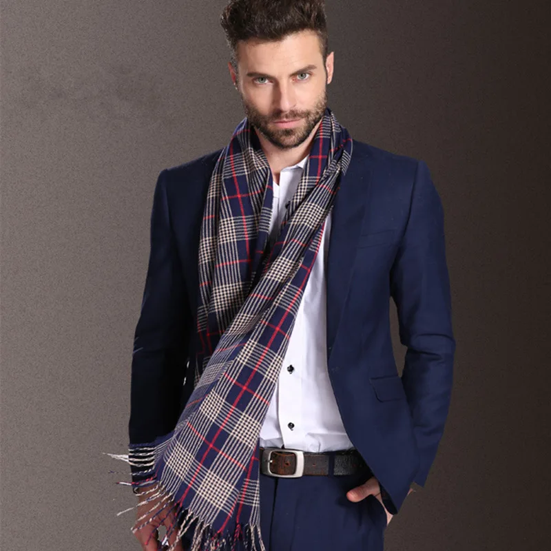 Осень-зима Лидер продаж Стиль Мода Дизайн высокого качества Для мужчин Сетка плед 35*160 см размер мягкий теплый кашемировый шарф кисточкой