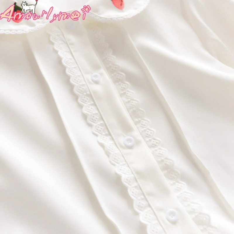 Весенняя женская опрятная кавайная блузка японская девушка Мори милое с вышивкой клубники воротник Питер Пэн женские топы и рубашки